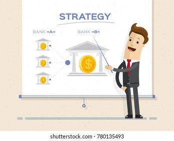 Businessman and graphs on projector screen. Illustration flat