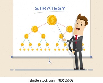 Businessman and graphs on projector screen. Illustration flat