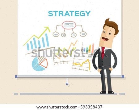 Businessman and graphs on projector screen. Presentation concept, seminar, training, conference. Business  strategy and finance. Flat Vector Illustration