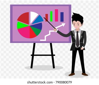 Businessman and graphs on whiteboard. Presentation concept, seminar, training, conference,effort and going beyond. Business strategy and finance.Characters.business concept .on isolate background.