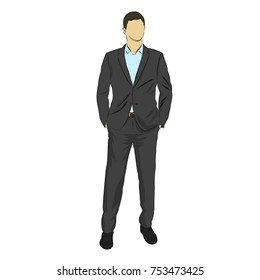 Businessman in gray suit standing with hands in his pockets, isolated vector illutration. Front view