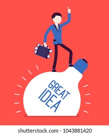 Businessman great idea. Young male worker with money case standing on lamp bulb, having imagination for original profitable projects, unusual market plan. Vector illustration with faceless characters