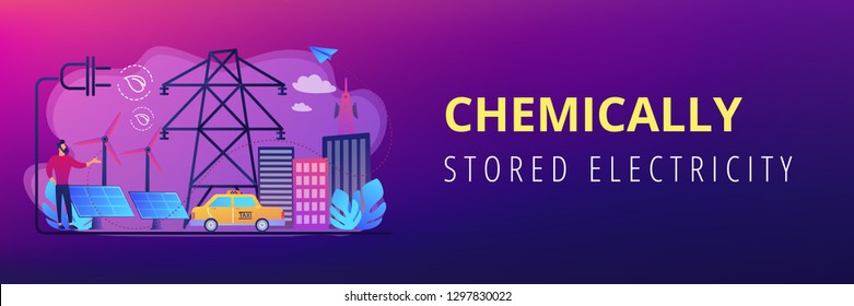 Businessman in green city and electric car using alternative fuel. Alternative fuels, chemically stored electricity, non-fossil sources concept. Header or footer banner template with copy space.