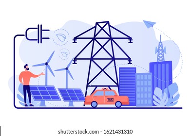 Businessman in green city and electric car using alternative fuel. Alternative fuels, chemically stored electricity, non-fossil sources concept. Pinkish coral bluevector isolated illustration