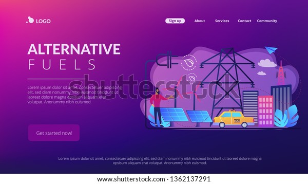 Businessman in green city and electric car\
using alternative fuel. Alternative fuels, chemically stored\
electricity, non-fossil sources concept. Website vibrant violet\
landing web page\
template.