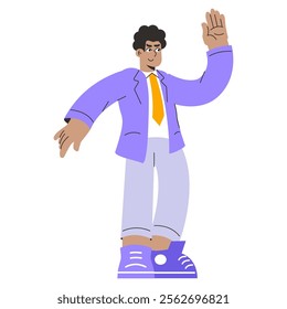 Businessman Greeting concept. Confident male in a suit waving hello, representing professional friendliness and accessibility. Vector illustration.