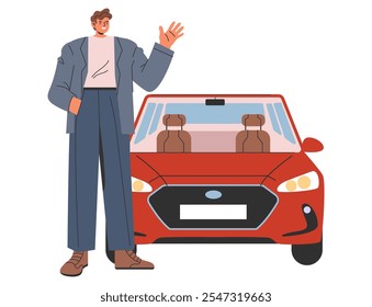 Conceito de saudação do empresário. Um profissional amigável acenando ao lado de seu carro vermelho. Trajes modernos e cena urbana de deslocamento. Ilustração vetorial.