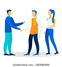 Businessman Greeting Partners Flat Illustration. Cartoon Male, Female Colleagues Handshaking Gesture. Professor Congratulating Student. Father Meeting Daughter, Boyfriend Isolated Characters