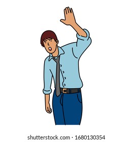 Businessman greeting someone with his hand raised up. Isolated on white background