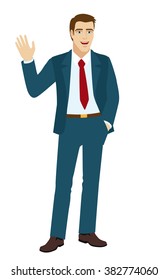 Businessman greeting someone with his hand raised up. Vector illustration.