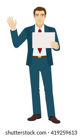 Businessman greeting someone with his hand raised up holding a paper. Vector illustration.