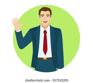 Businessman greeting someone with his hand raised up. Portrait of businessman in a flat style. Vector illustration.