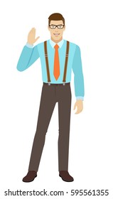 Businessman greeting someone with his hand raised up. A man wearing a tie and suspenders. Full length portrait of businessman in a flat style. Vector illustration.