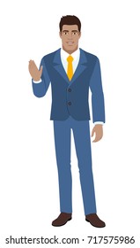 Businessman greeting someone with his hand raised up. Full length portrait of Black Business Man in a flat style. Vector illustration.