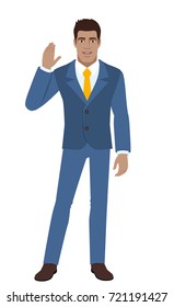 Businessman greeting someone with his hand raised up. Full length portrait of Black Business Man in a flat style. Vector illustration.