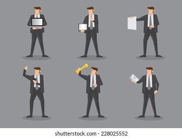 Businessman in grey suit and necktie with different work equipment and office supplies. Vector illustration set isolated on grey plain background.