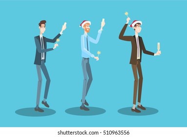 Businessman Group Celebrate Merry Christmas And Happy New Year Business People Team Santa Hat Flat Vector Illustration