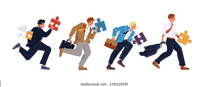 Businessman group running holding missing jigsaw puzzle piece. Business challenge, problem solving determination, successful idea decision creation. Teamwork, partnership, collaboration, co-working