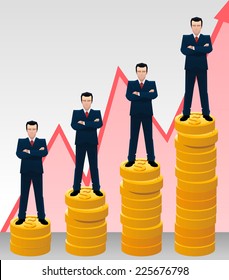 Businessman growing chart with golden coins and arrows vector illustration.