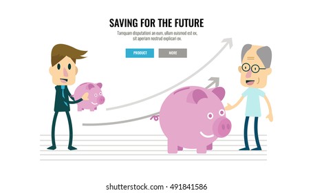 Businessman And Growing Piggybank With Timeline. Retirement Savings Concept. Flat Character Design. Vector Illustration