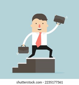 Businessman growing, walking up along stairs with a briefcase. Individual growth concept illustration