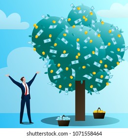 The businessman grows up a big monetary tree, waters, drips and rejoices. The person invests in the business. Successful start-up. Concept of business situation. Flat vector illustration clip art.