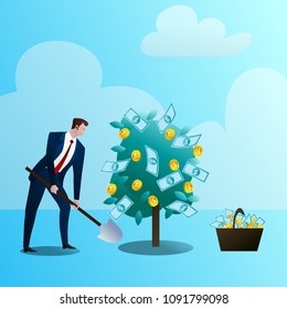 The businessman grows up a media monetary tree, drips. The person invests in the business. Successful start-up. Concept of business situation. Flat design vector illustration clip art.