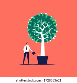A businessman grows a money tree. Profitable investment concept.
