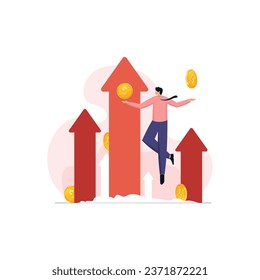 Businessman with Growth arrow and Achievement, Entrepreneurs Flying to business Success with Dollar Coin