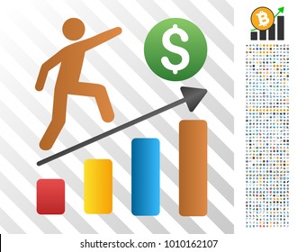 Businessman Growth Chart gradient icon with 700 bonus bitcoin mining and blockchain pictograms. Vector illustration style is flat iconic symbols designed for cryptocurrency software.