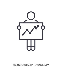 businessman with growth graph linear icon, sign, symbol, vector on isolated background