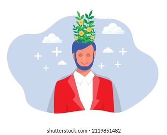 Businessman Growth Mindset For Brain Development Concept. Mental Health Symbol, Meditation, Self Care, Psychology. Cartoon Flat Vector Illustration