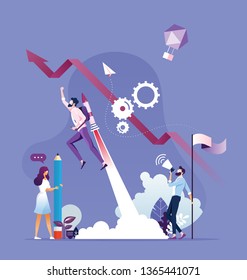 Businessman growth and start up. Businessman flying up with a rocket engine
