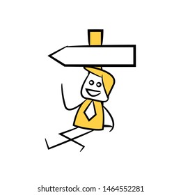 businessman and guidepost, signage or signpost yellow stick figure theme
