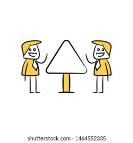 businessman and guidepost, signage or signpost yellow stick figure theme