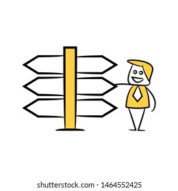 businessman and guidepost, signage or signpost yellow stick figure theme