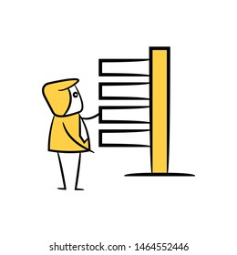 businessman and guidepost, signage or signpost yellow stick figure theme