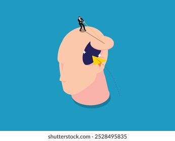 Businessman Guiding a Paper Airplane Inside Human Mind – Conceptual Leadership and Vision 3d isometric vector illustration