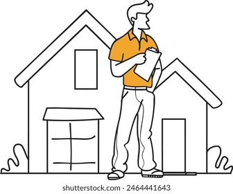 Businessman guiding real estate, real estate investment, property management, commercial real estate, real estate development, line art vector illustration, modern line art minimal color.