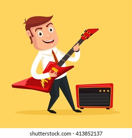 Businessman guitarist. Vector flat cartoon illustration