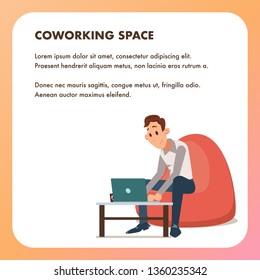 Businessman Guy Work by Laptop Bean Bag Chair. Young Office Worker Freelancer at Coworking Space. Male Student Freelance Character in Formal Suit Sit with Computer. Flat Cartoon Vector Illustration.