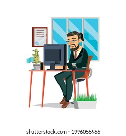hombre de negocios escribiendo un mensaje en un personaje de computadora. ilustración de dibujos animados planos aislados