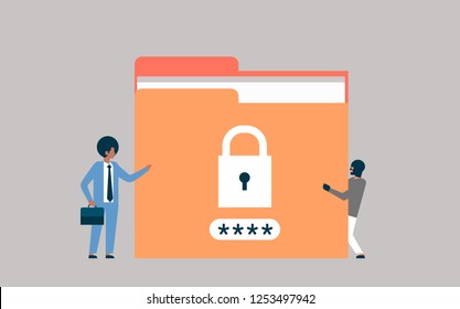 businessman with hacker padlock password folder sensitive data concept locked privacy information database flat horizontal