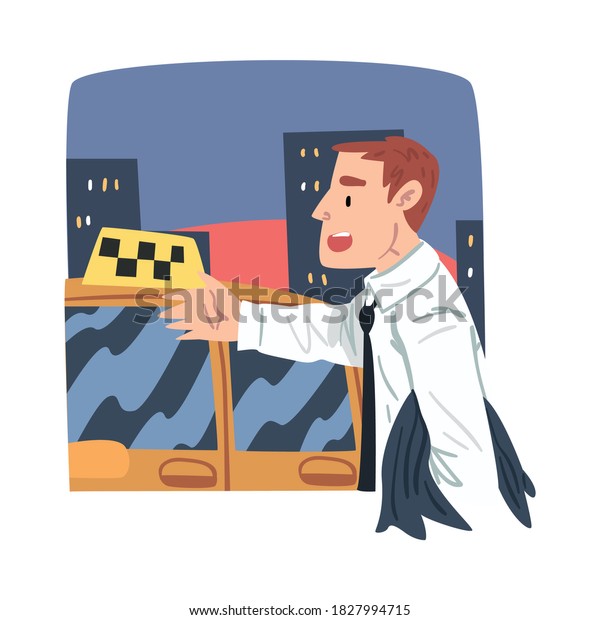 Businessman Hailing\
Taxi Car, Businessman or Office Worker Daily Routine Cartoon Style\
Vector\
Illustration