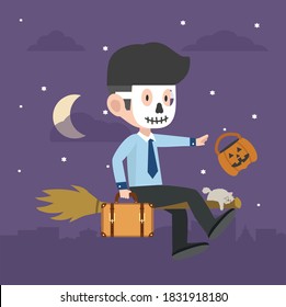 businessman Halloween character on a broomstick in the night sky