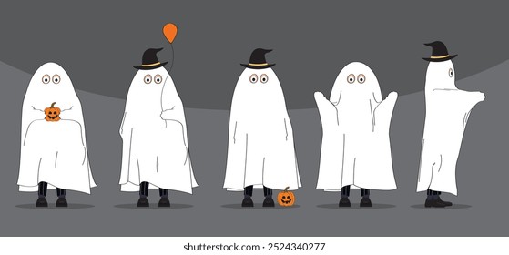 businessman in Halloween white ghost costume October pumpkin cartoon evil magic bow, graveyard skeleton trendy vampire shadow sorcerer black flat symbol