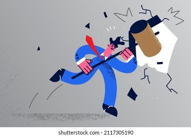 Businessman With Hammer Feel Motivated Break Wall For Career Success Or Gal Achievement. Male Employee Or Entrepreneur Crack Boundaries For New Challenge Or Accomplishment. Vector Illustration. 