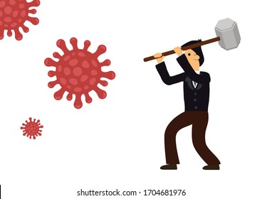 Businessman with a hammer fighting against coronavirus. Concept of pandemic impact on the economy. Vector illustration.