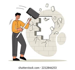 Businessman with hammer. Young guy breaks wall. Creative personality, brainstorming and insight. Business process metaphor. Emotions, expressions and feelings. Cartoon flat vector illustration