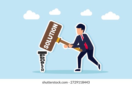 Hombre de negocios martillando un problema etiquetado con un martillo con una solución etiquetada que ilustra la solución de desafíos comerciales